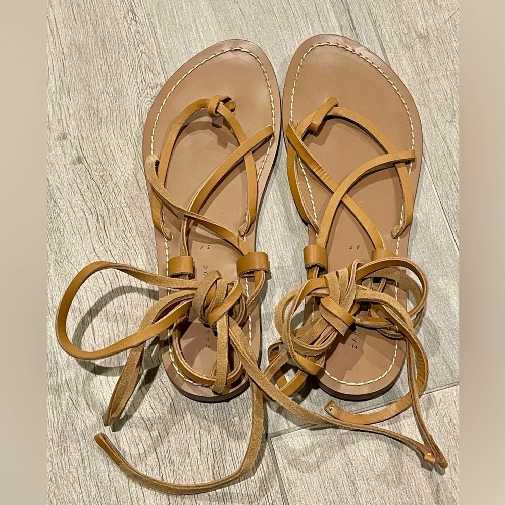 Zara Lace Up Tie Flat Tan Brown Leather Boho Gladiator Sandals size 7 - Picture 3 of 6